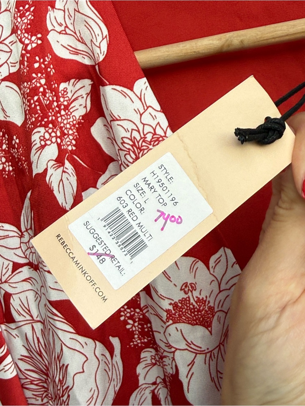 "'Rebecca Minkoff wrap blouse red w/white floral pattern size L NWT - Picture 4 of 8